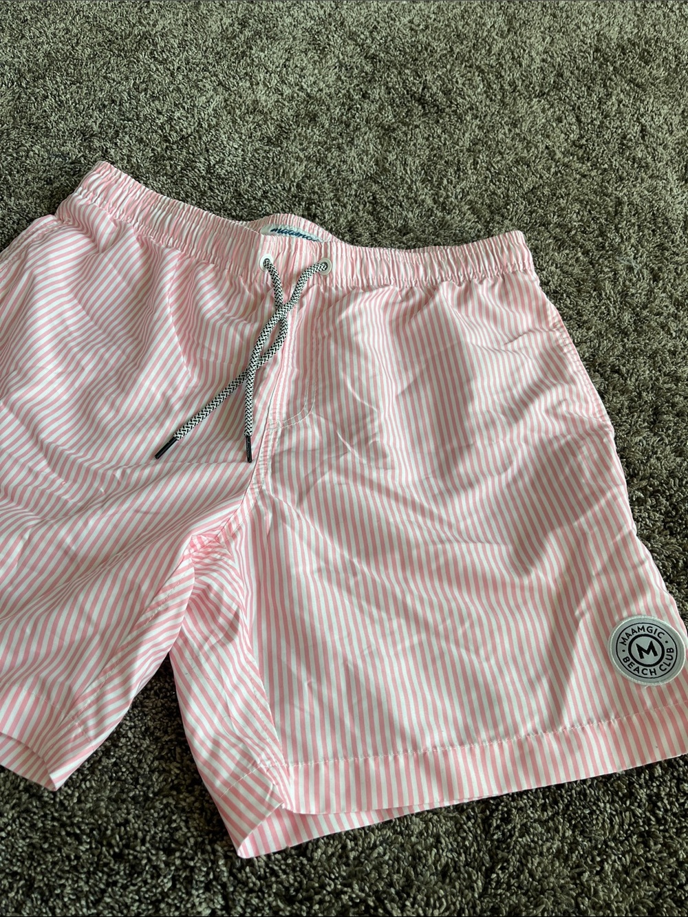 Maamgic Beach Club - Pink & White Striped Swim Shorts  Drawstring!  Large.